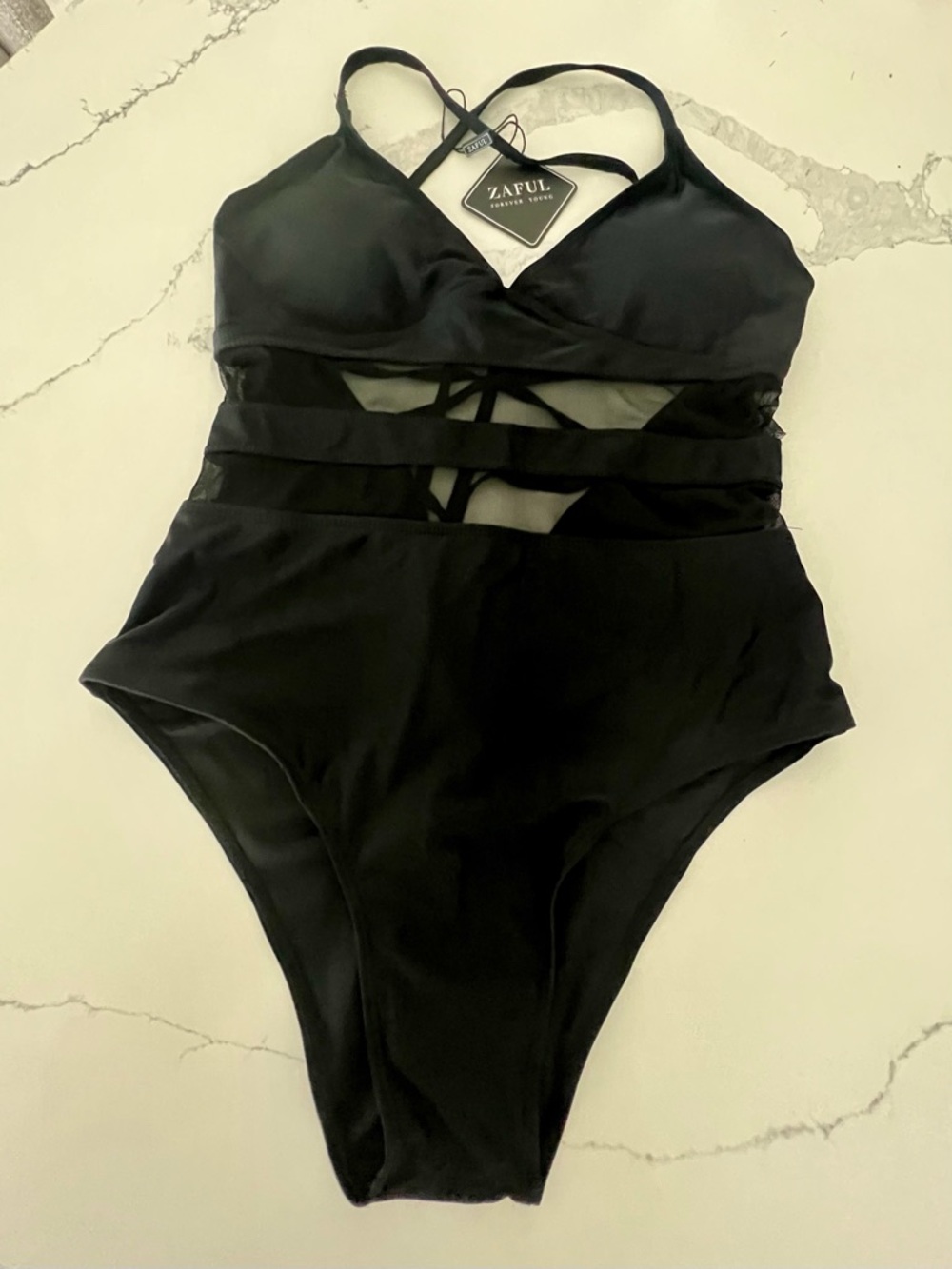 Zaful Black Mesh Trim Bathing Suit